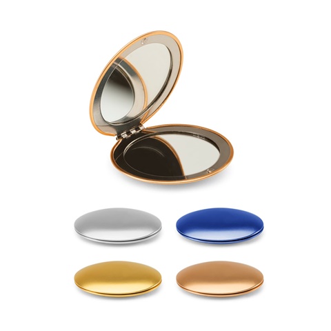 KAYLA. Kaksipuolinen pyöreä alumiinipeili magneettisulkijalla