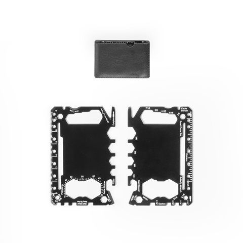 PEEBLES. Ruostumattomasta teräksestä valmistettu monitoimikortti, jossa on 20 toimintoa